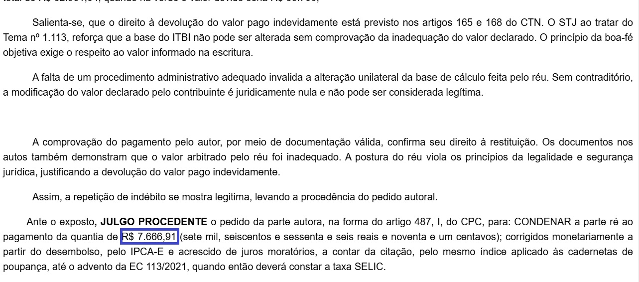 Sentença judicial favorável — Restituição de R$ 7.666,91 de ITBI