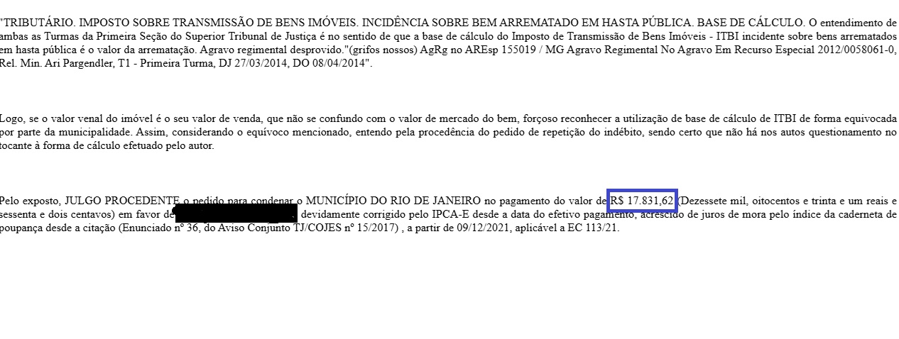 Sentença judicial favorável — Restituição de R$ 17.831,62 de ITBI